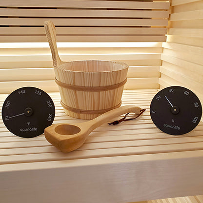 SaunaLife Essentials Set 3 - Wood Sauna Bucket and Ladle Set w/ Black Thermometer and Hygrometer — view 2