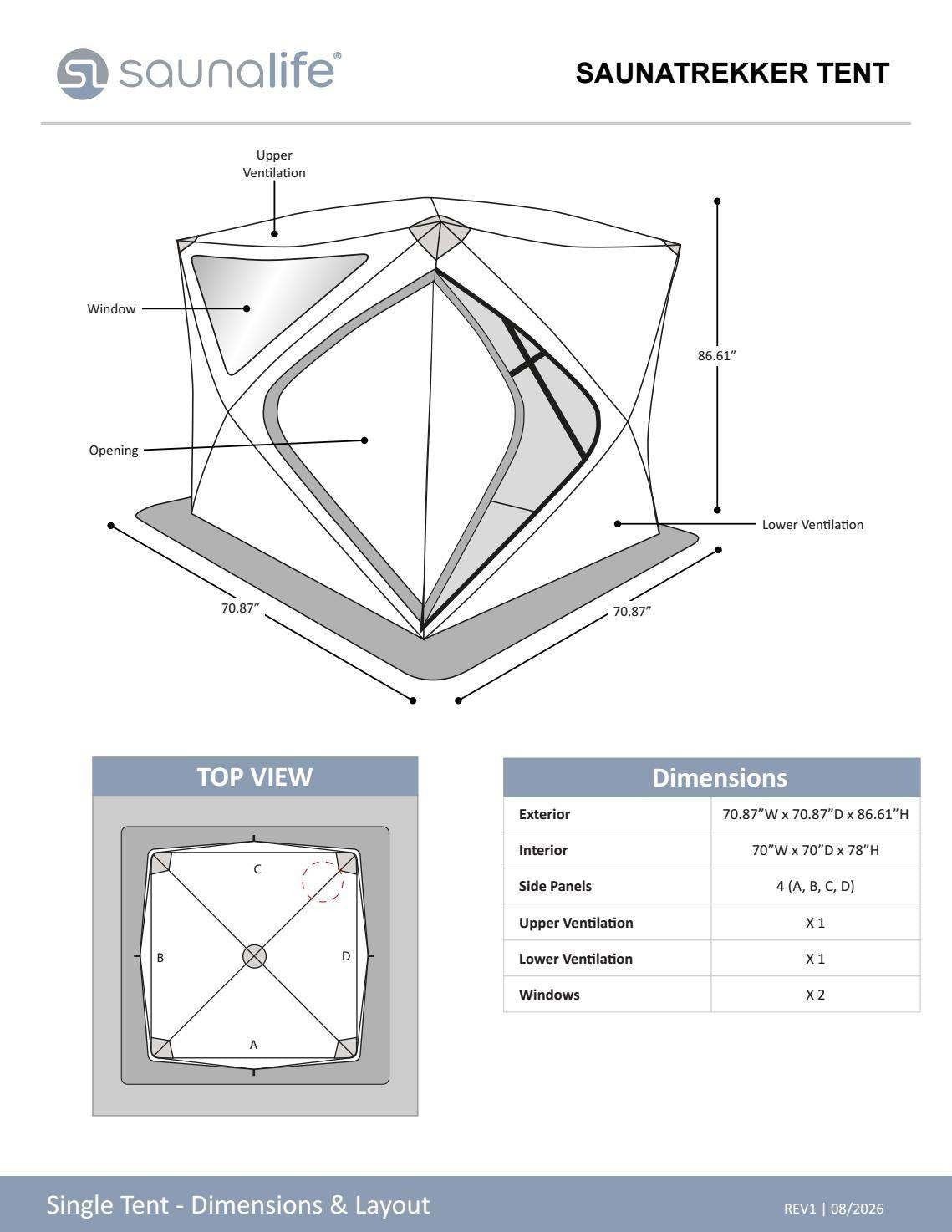 SaunaLife SaunaTrekker tent dimensions: 70.87 in W x 70.87 in D x 86.61 in H exterior, 70 x 70 x 78 in interior