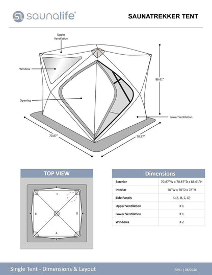 SaunaLife SaunaTrekker tent dimensions: 70.87 in W x 70.87 in D x 86.61 in H exterior, 70 x 70 x 78 in interior